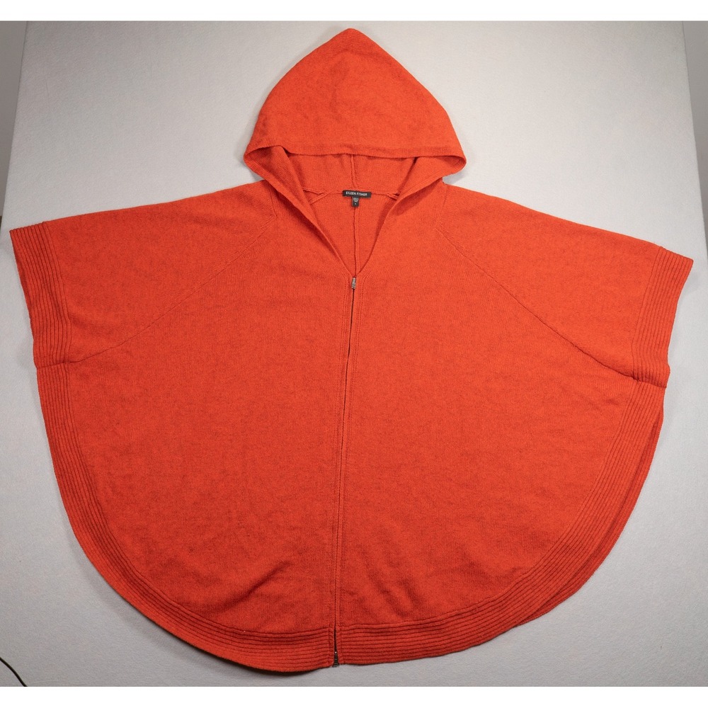 Eileen Fisher Orange Yak Wool Blend Zip Front Hooded Poncho Sweater Large